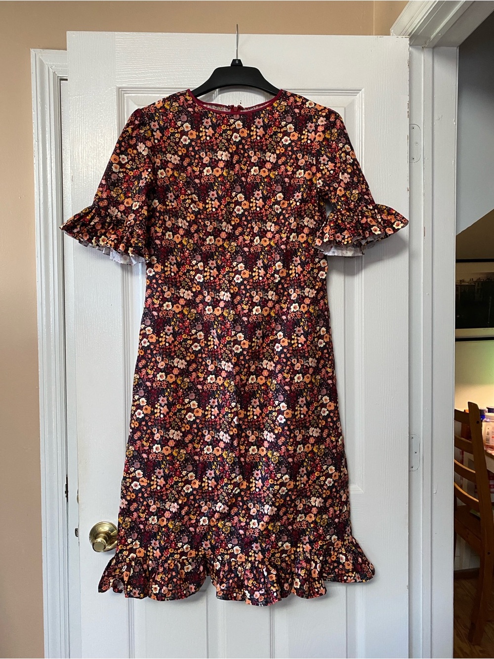 Handmade Cotton Dark Floral Print Ruffle Trim Dress - Picture 2 of 16